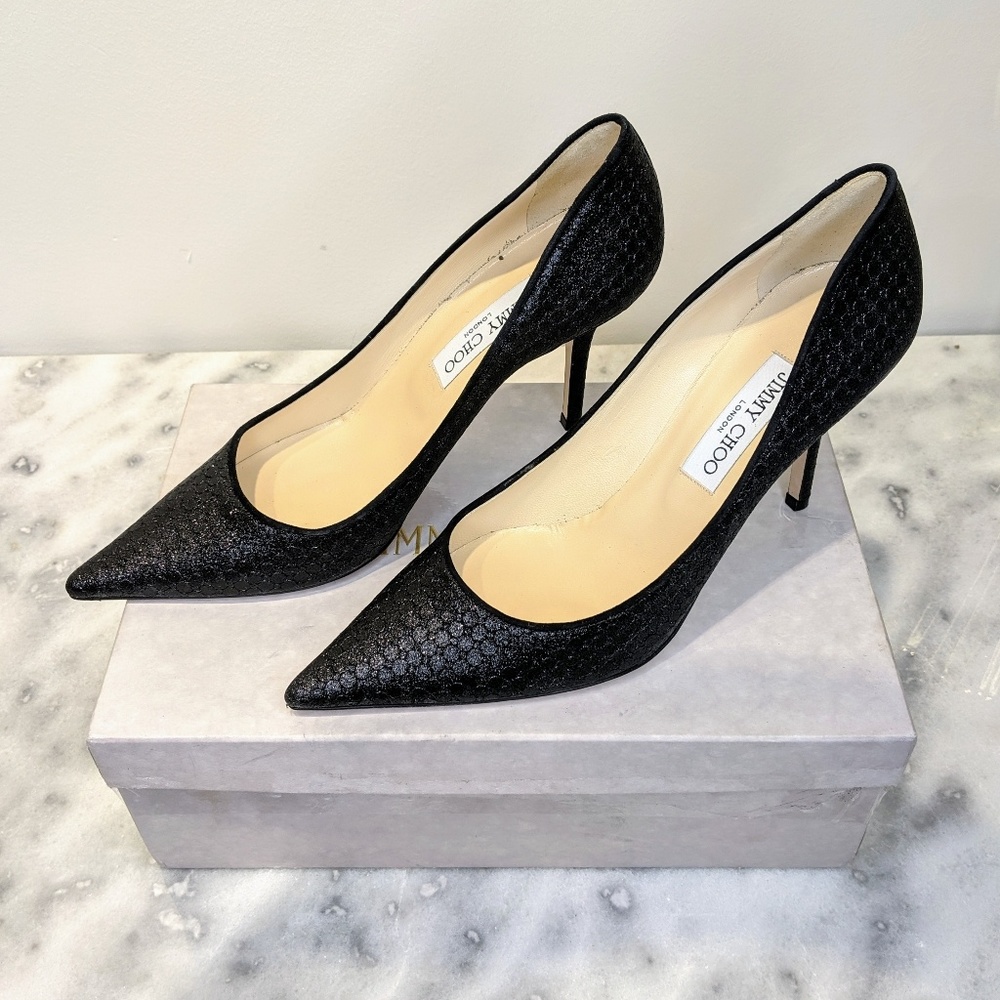 Jimmy Choo | Black Glitter Agnes Heels - Picture 2 of 7